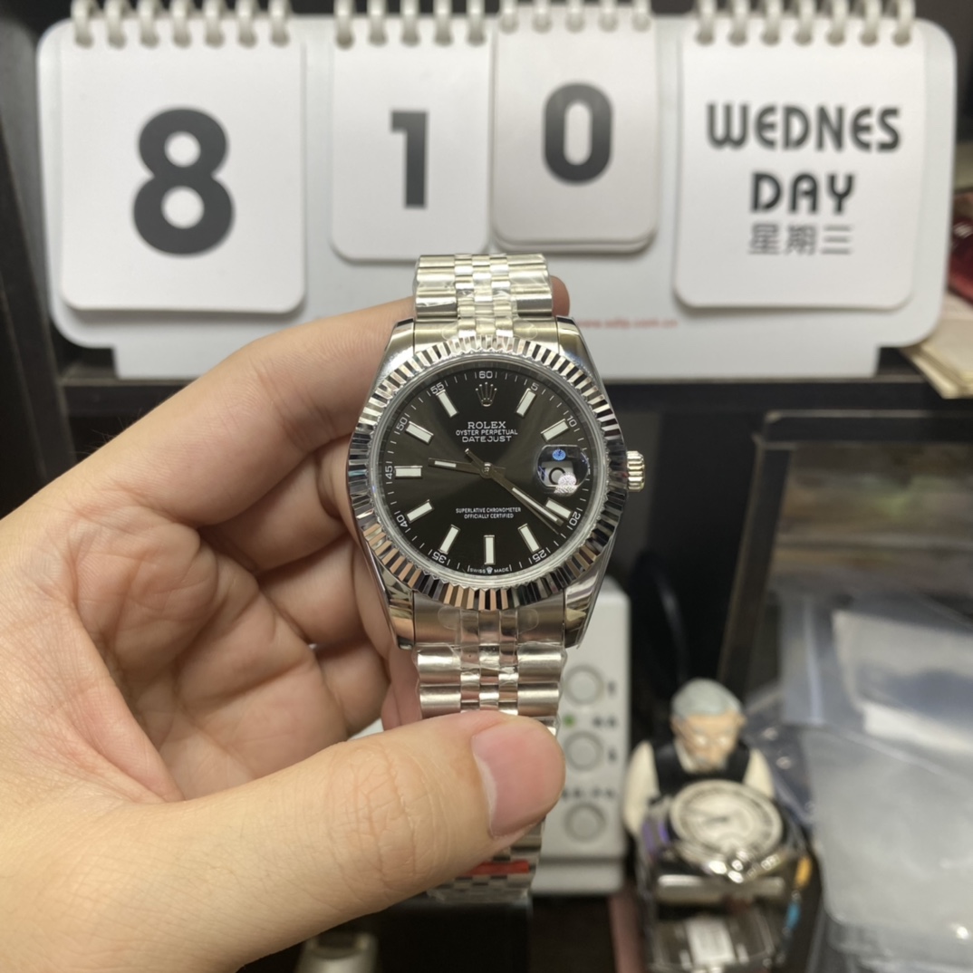 Rolex Datejust Series m126334-0018, Black Dial with Stick Hour Markers, 41mm size, Jubilee stainless steel bracelet.