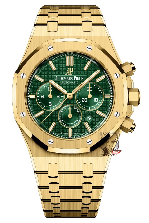 Audemars Piguet Royal Oak Offshore Series 26331BA.OO.1220BA.02, Gold Case Green Dial Stainless Steel Bracelet, 41mm Size.