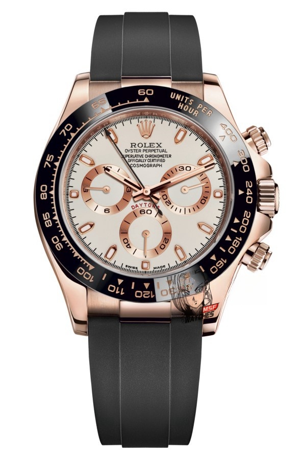 Rolex Cosmograph Daytona Series M116515ln-0019, White Dial Ceramic Bezel Rubber Strap Rose Gold Markers Three Sub-dials, 40mm size.