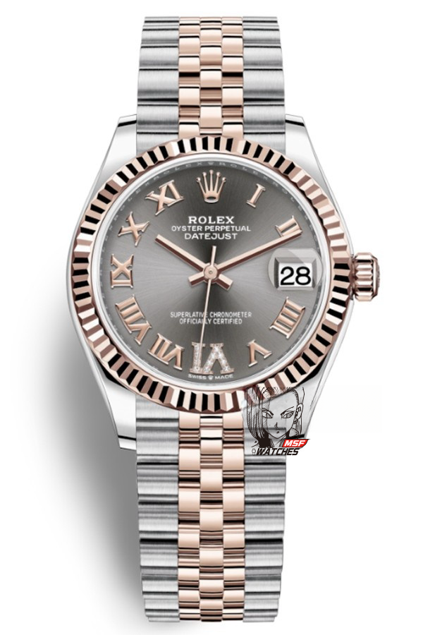 Rolex Datejust Series m278271-0030, Rose Gold and Gray Dial five-bead chain stainless steel bracelet, 31mm size.