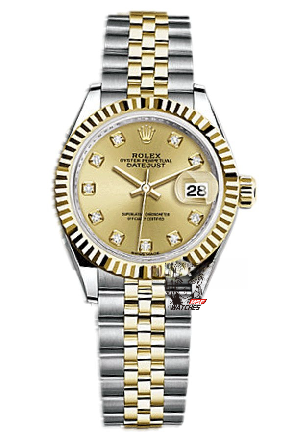 Rolex Datejust Series m279173-0011, Two-Tone Gold Case Gold Dial, 28mm Size, Five-Link Steel Bracelet.
