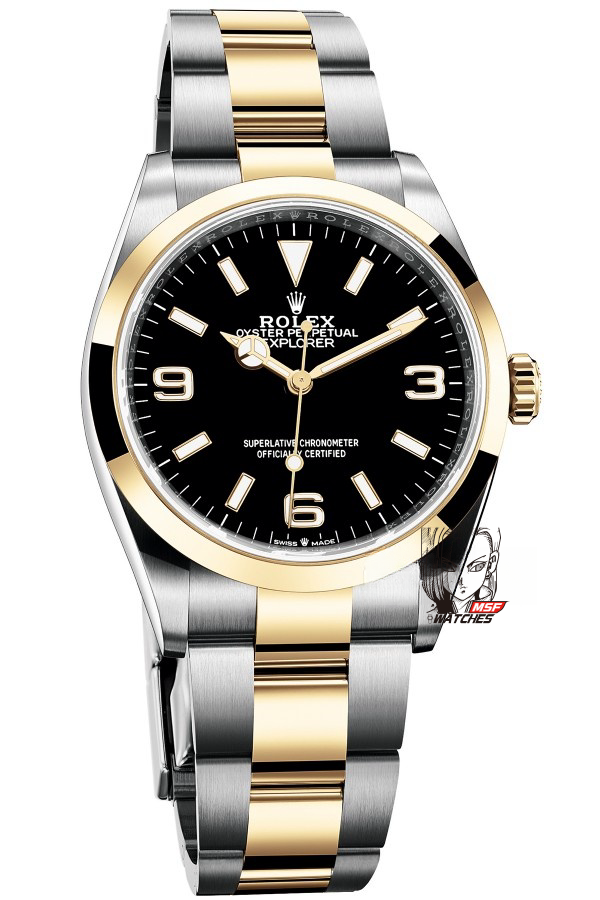 Rolex Explorer I GMT series M124273-0001, Black Dial Two-Tone, 36mm size.