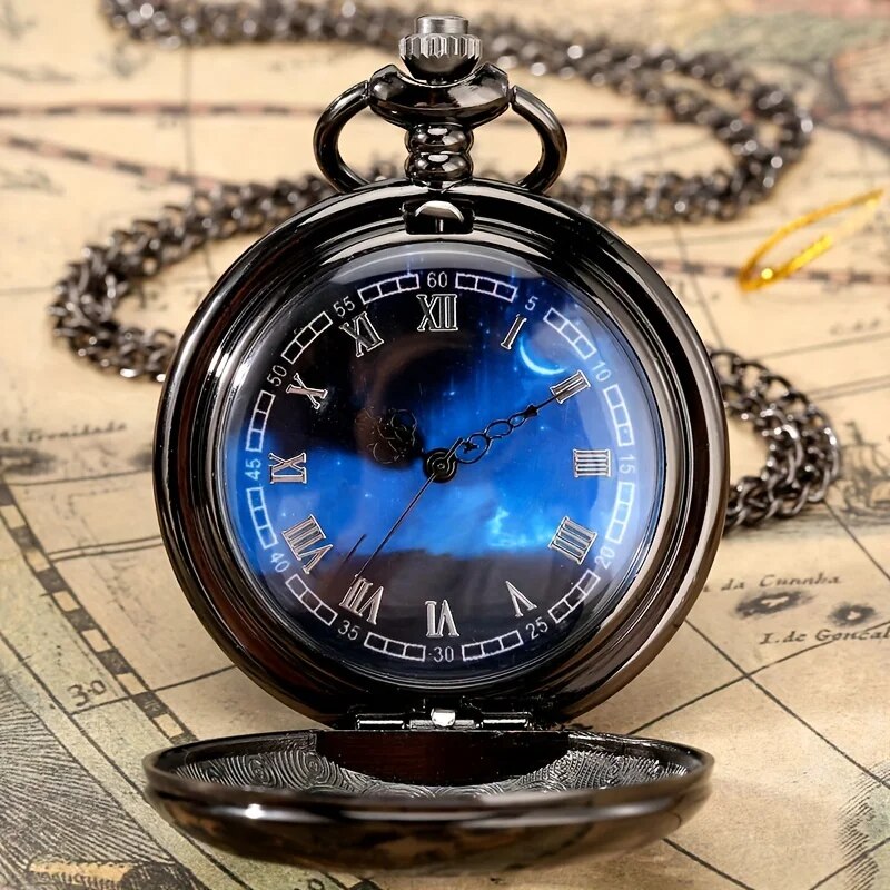 Starry Blue Dial Pendant Bronze Hollow Quartz Pocket Watch Roman Numerals Retro Watch