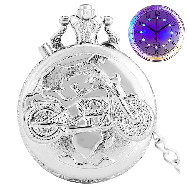 Retro Motorcycle CAR Pattern Quartz Pocket Watch Luminous LED Flash Motorbike MOTO Design Pendant Fob Watch Chain Gifts for Men