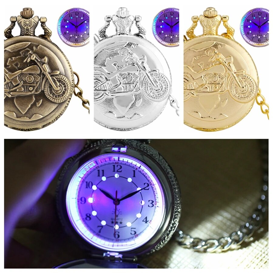 Retro Motorcycle CAR Pattern Quartz Pocket Watch Luminous LED Flash Motorbike MOTO Design Pendant Fob Watch Chain Gifts for Men