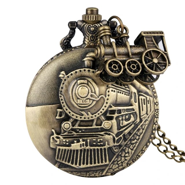 Bronze Train Locomotive Engine Quartz Pocket Watch Retro Necklace Pendant Chain Best Gifts for Men Women with Train Accessory