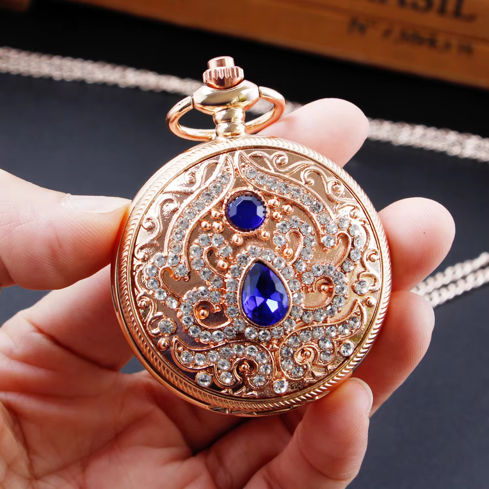 New Luxury Ruby Pocket Watch Necklace Digital Pendant Chain Clock Fashion Sculpture Women's Men's Gift