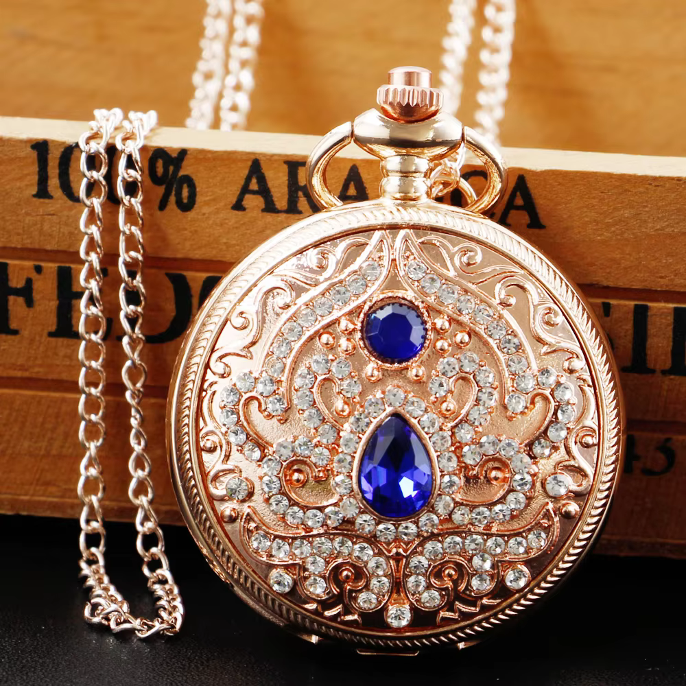 New Luxury Ruby Pocket Watch Necklace Digital Pendant Chain Clock Fashion Sculpture Women's Men's Gift