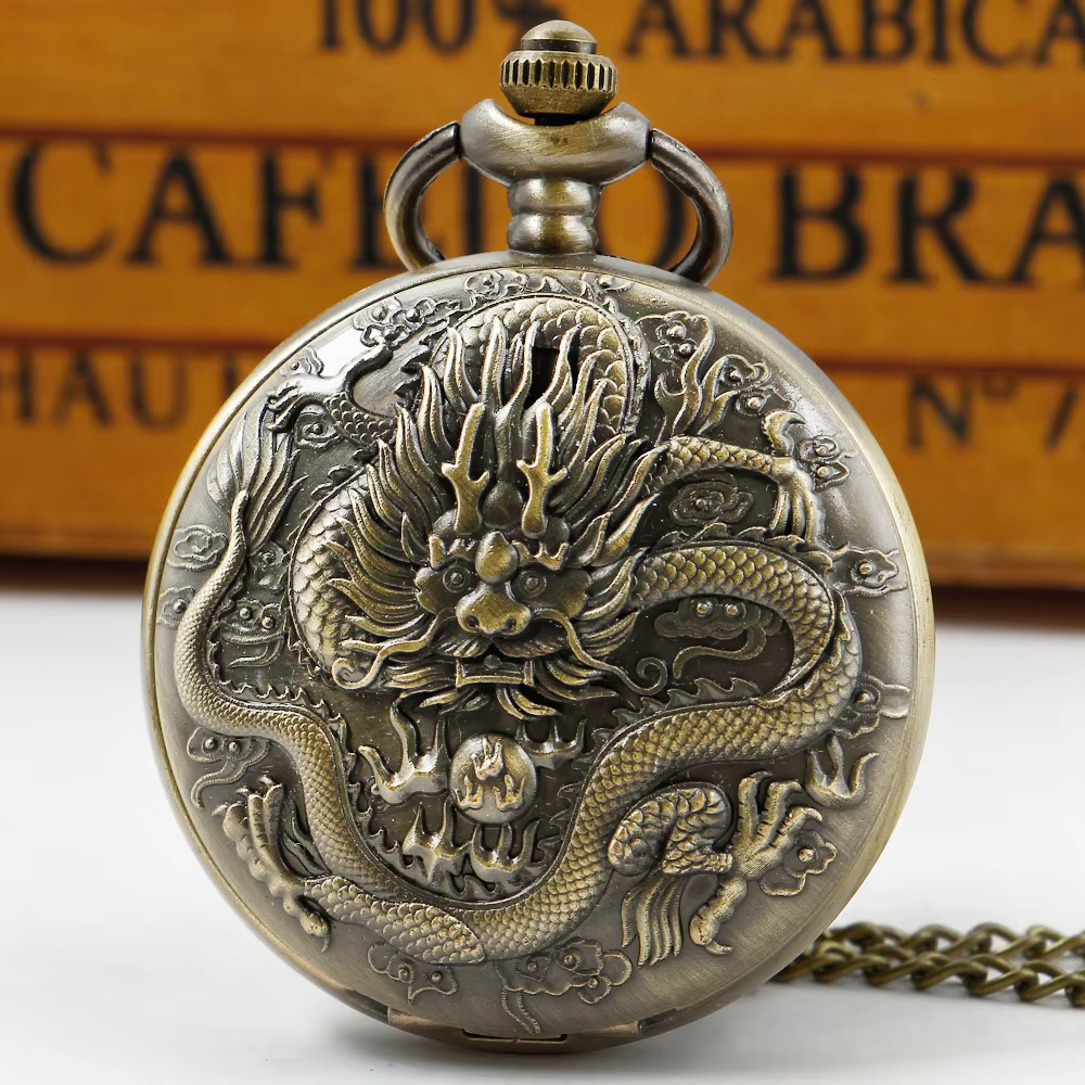 Dominant Cool Chinoiserie Dragon Pocket Watch Mens Vintage Necklace Quartz Pocket FOB Watch Exquisite Gift